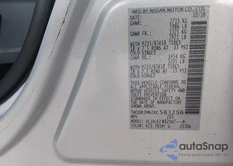 2019 Nissan Pathfinder Sv z USA, uszkodzony, nr VIN 5N1DR2MN2KC583256